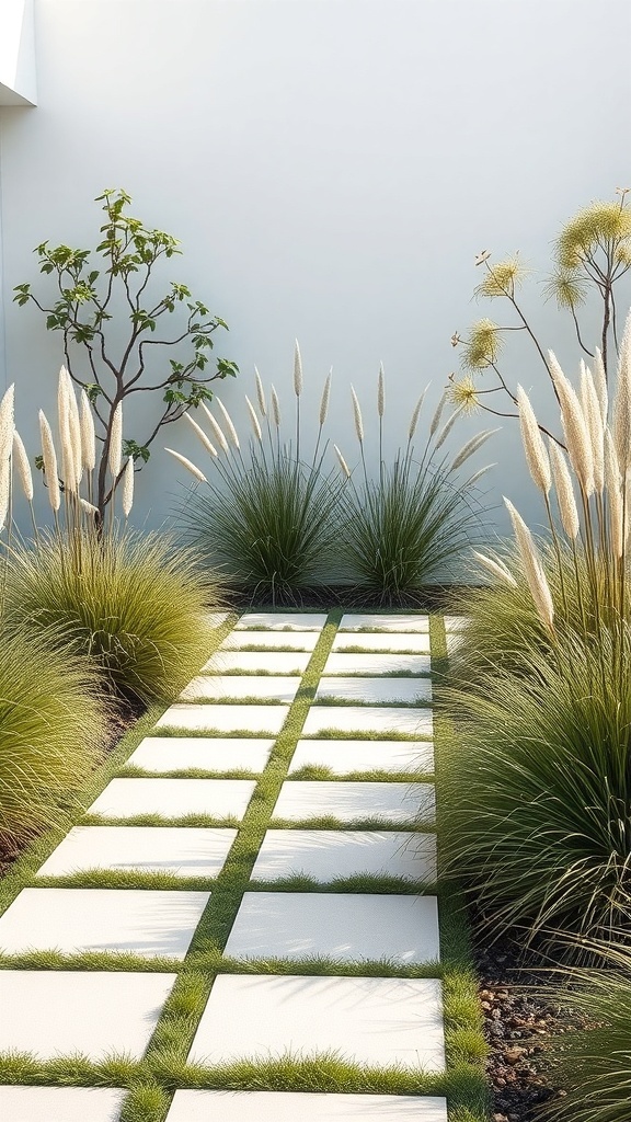 A contemporary minimalist garden featuring a stone pathway bordered by ornamental grasses and a small tree.