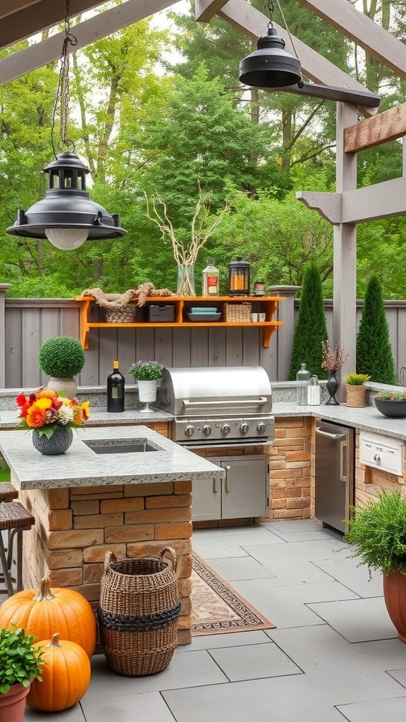 A cozy outdoor kitchen featuring pumpkins, flowers, and hanging lanterns.