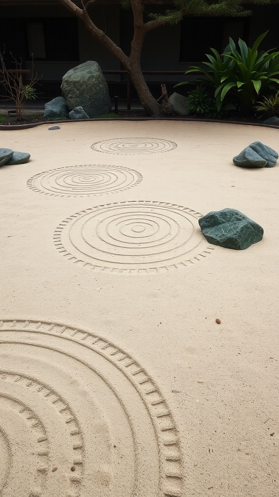 A Zen garden with circular patterns in the sand and rocks placed around.