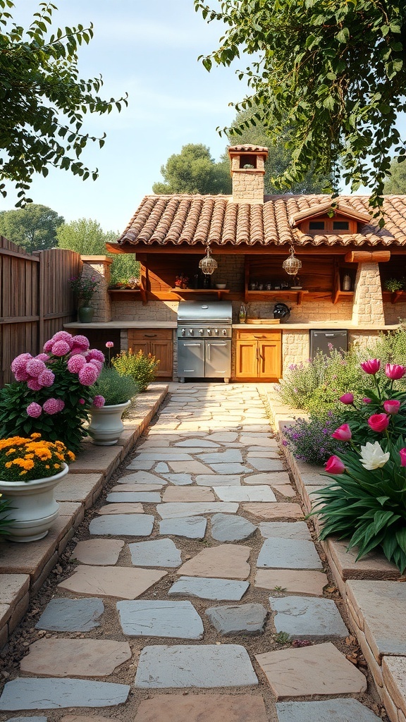 A stone pathway leading to a rustic outdoor kitchen surrounded by colorful flowers.