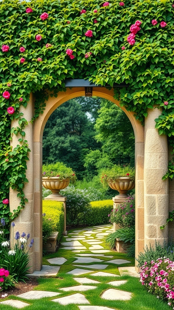 A beautiful arched stone gateway covered with vibrant flowers, leading into a lush garden.
