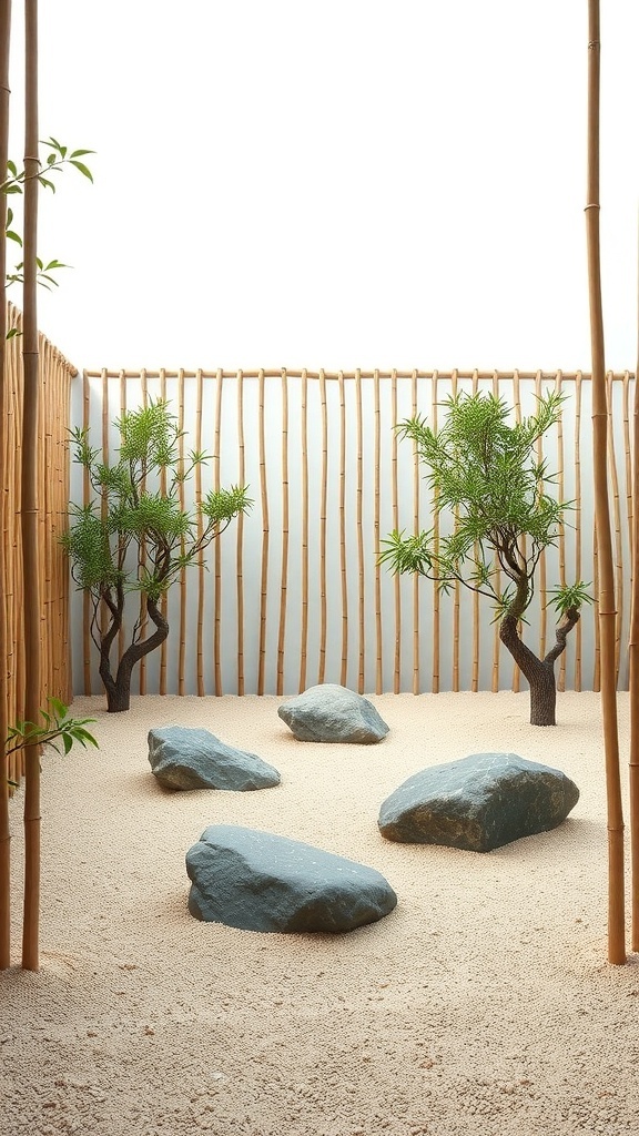 A serene Zen garden enclosed by a bamboo fence, featuring smooth stones and minimal greenery.