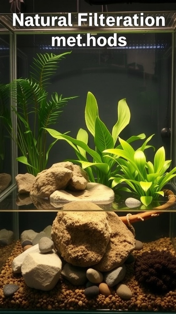 An indoor water garden featuring natural filtration methods with plants and rocks.