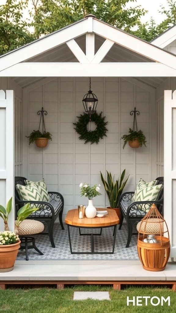 A stylish white garden shed with a built-in seating area featuring comfortable chairs, a wooden table, and decorative plants.