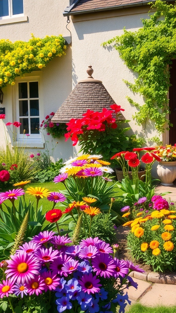 A colorful cottage flower garden with various blooming flowers and a charming house.