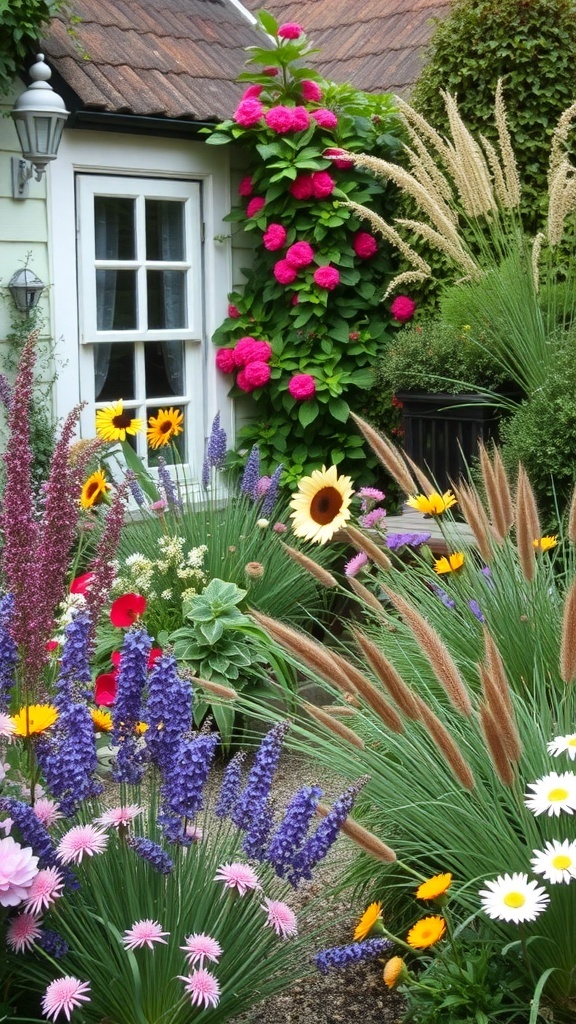 A rustic cottage garden filled with ornamental grasses and colorful flowers.