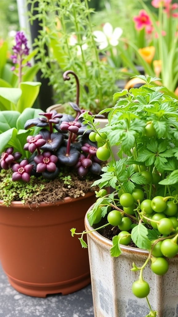 A variety of herbs in pots with a planting calendar for seasonal herb planting strategies.