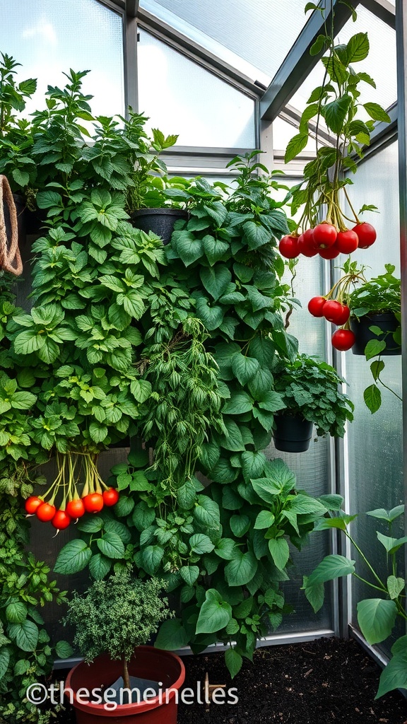 A vertical garden greenhouse filled with green plants and red tomatoes, showcasing a compact and productive gardening design.