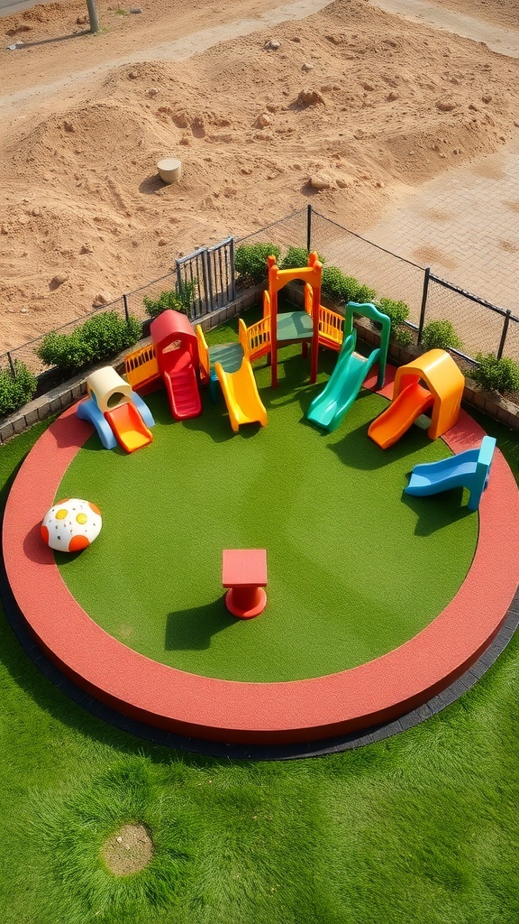 A colorful children's play area with slides and climbing structures in a circular design.