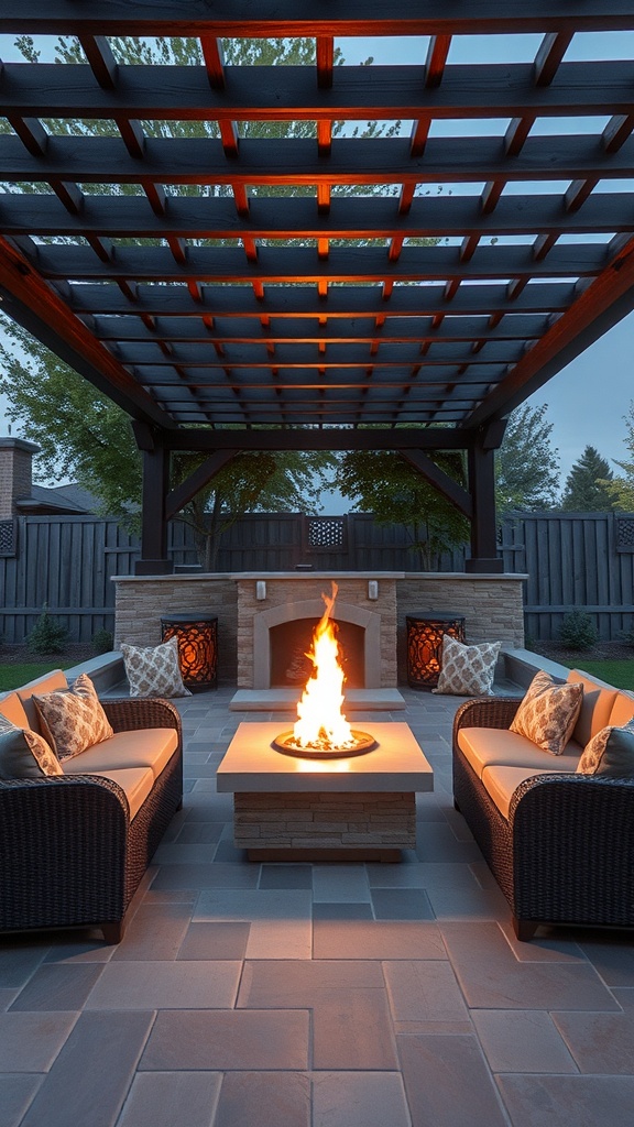 A cozy pergola with a fire pit surrounded by comfortable seating, perfect for gatherings.