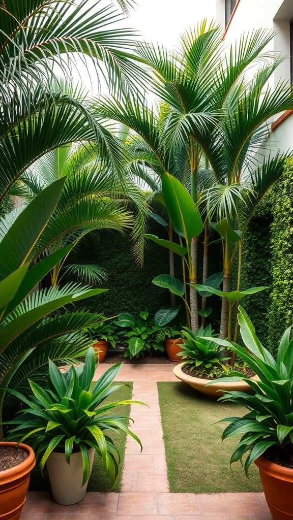 A tropical courtyard garden featuring tall palm trees and lush greenery in planters, creating a private and inviting atmosphere.