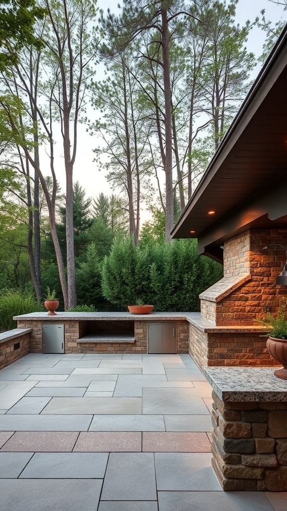 Outdoor kitchen with fireplace surrounded by trees and greenery