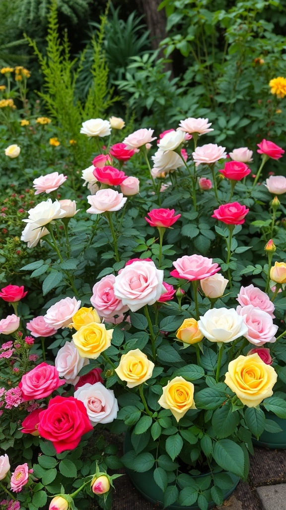 A vibrant garden filled with pink, red, and yellow roses, showcasing various rose varieties.