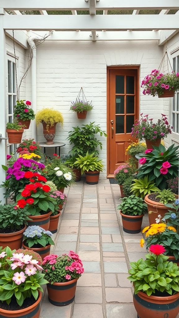 A colorful patio garden filled with various flowering plants in pots, leading to a door.