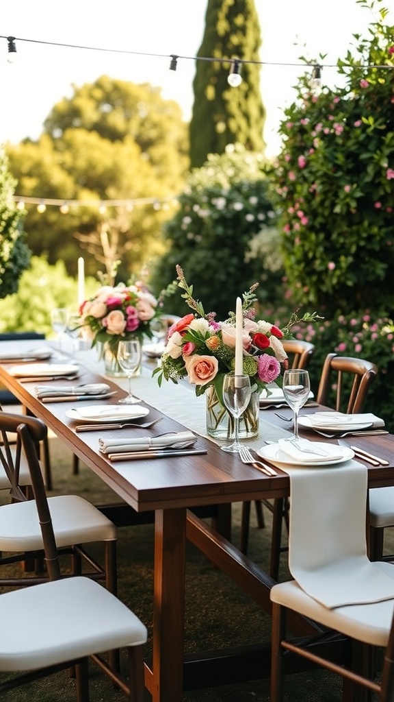 A beautifully arranged outdoor dining setup with a wooden table, floral centerpieces, and string lights.