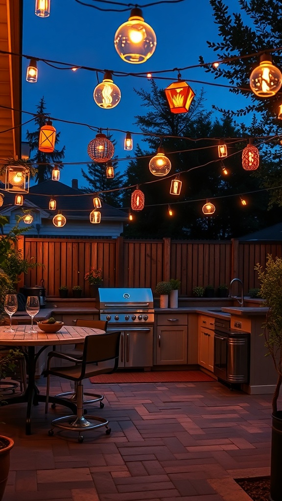 A small outdoor kitchen with various hanging lights, creating a cozy atmosphere at dusk.