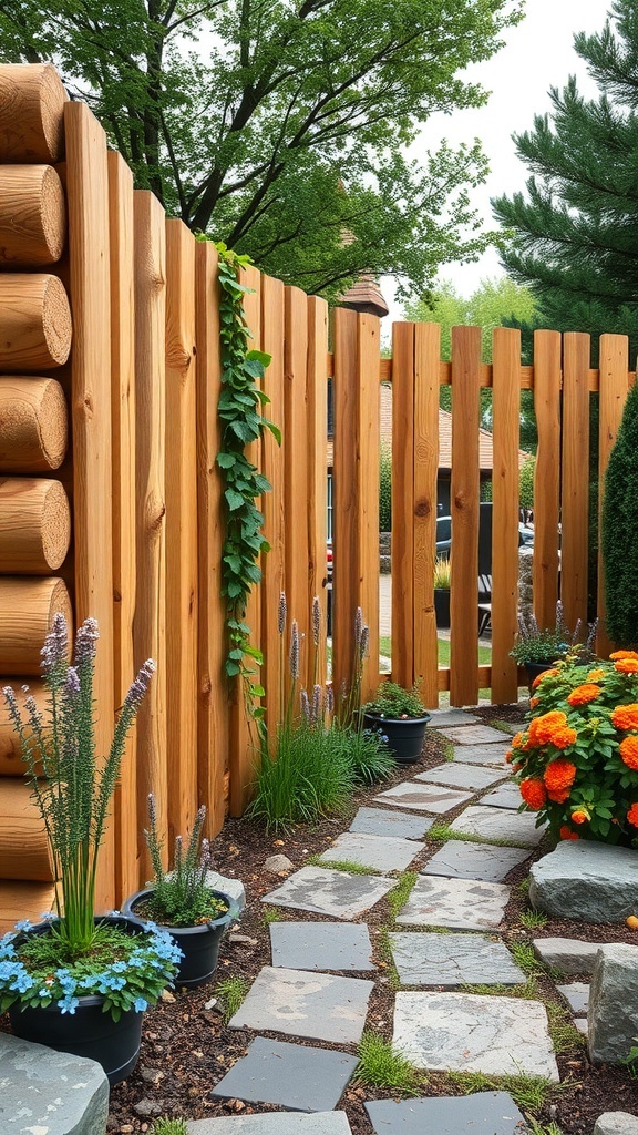 A rustic cedar log fence with vibrant flowers and a stone pathway.