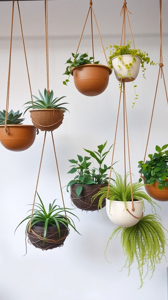 A variety of hanging baskets with different shapes and plants.