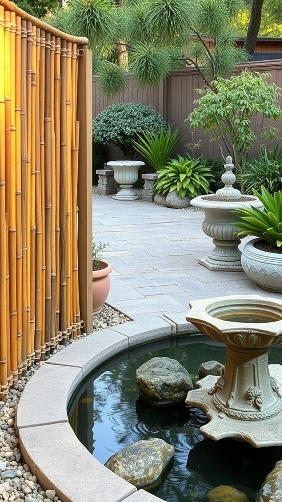 A bamboo privacy fence next to a stone water feature with plants in a garden.