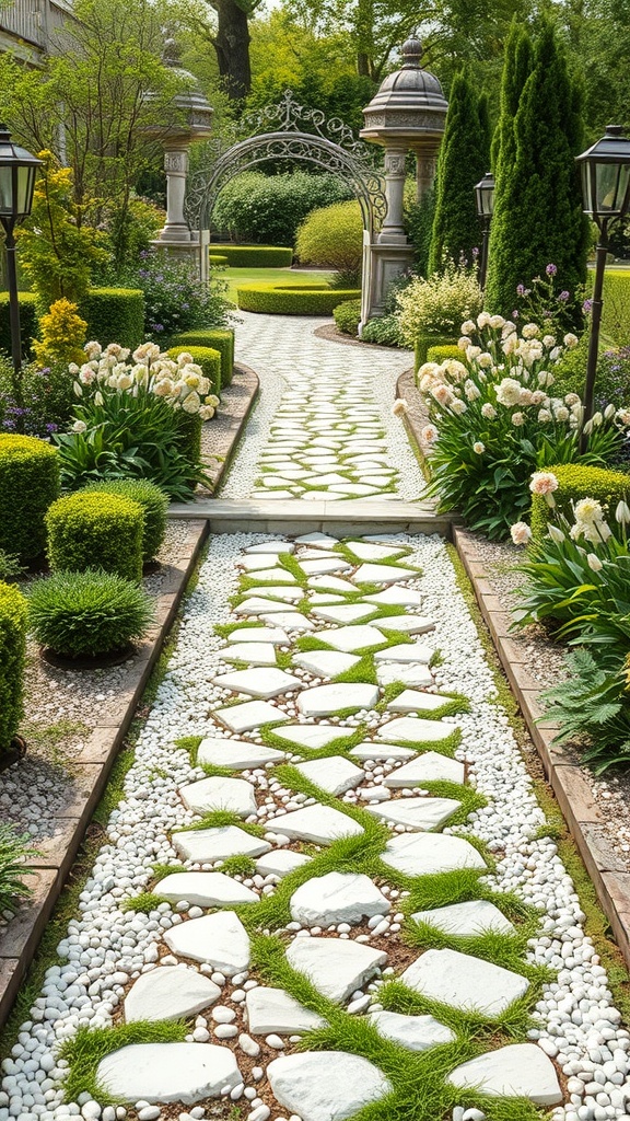 A garden pathway made of white stones and grass, surrounded by flowers and greenery.