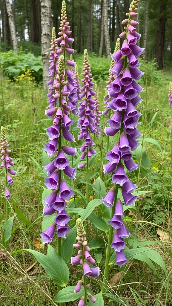 A cluster of purple foxglove flowers in a green forest setting.