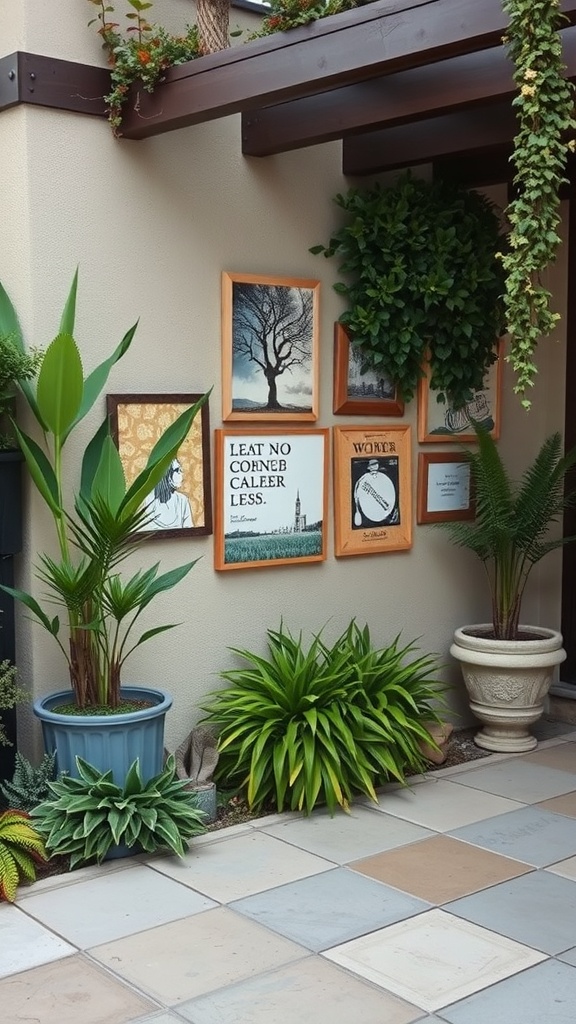 A patio wall decorated with various framed art pieces and surrounded by plants.