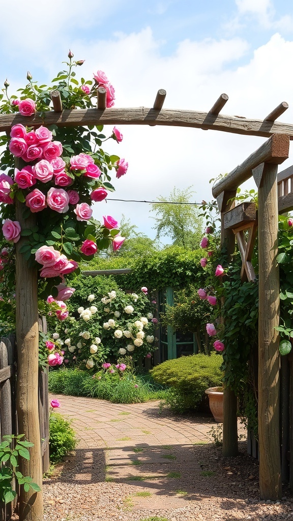 A rustic wooden arbor covered with pink roses, leading into a lush garden.