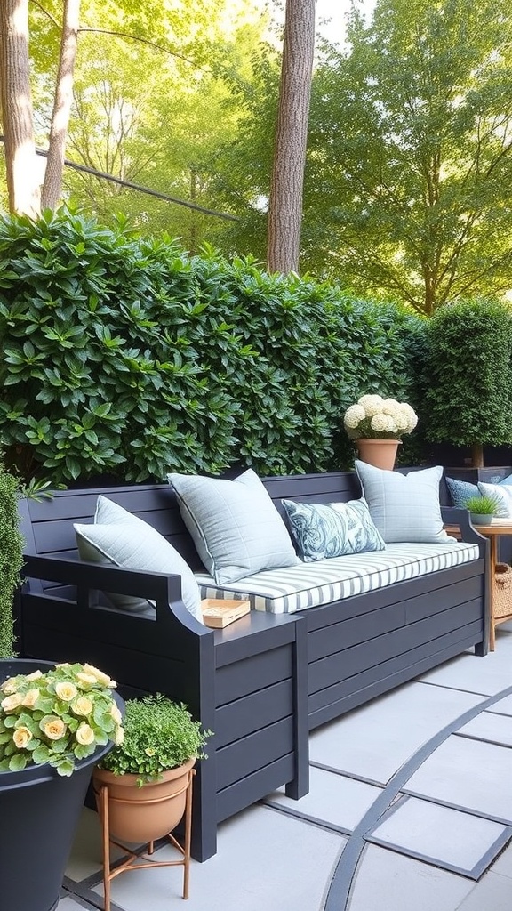 A stylish outdoor storage bench with cushions, surrounded by greenery and potted plants.