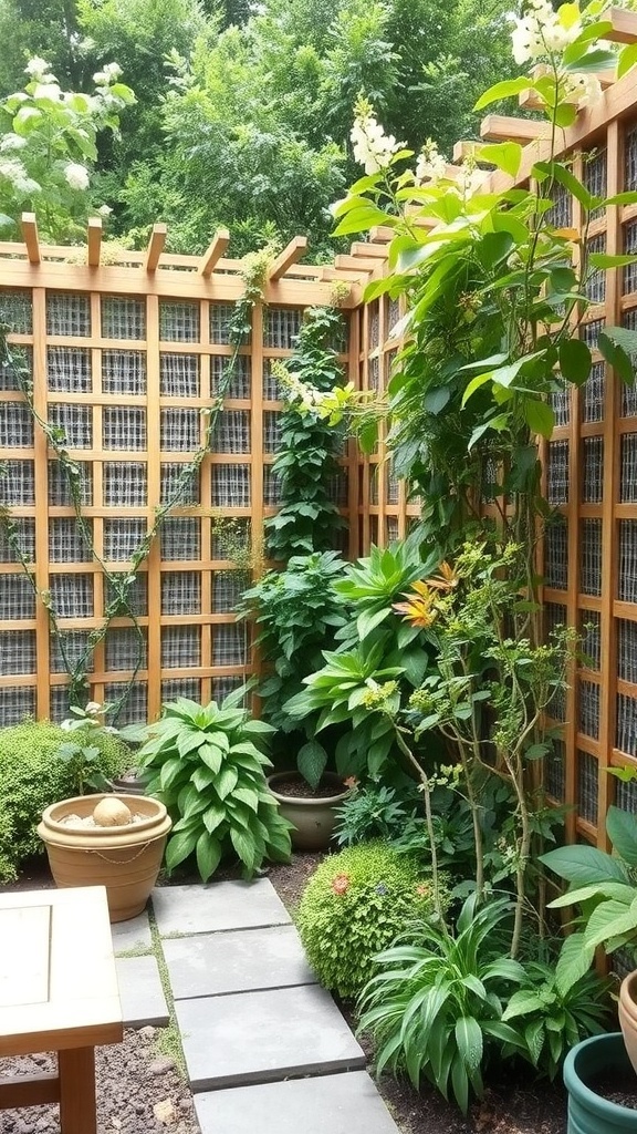 A small cottage garden with wooden trellises, climbing plants, and a stone pathway leading to a seating area.