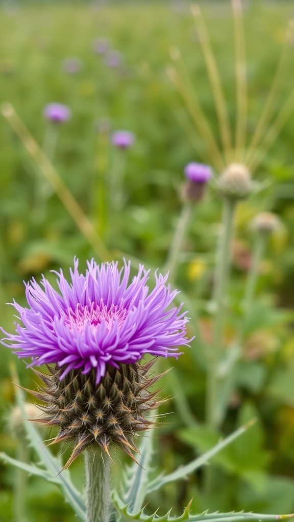 A close-up of a vibrant purple thistle flower with spiky petals, surrounded by green foliage.