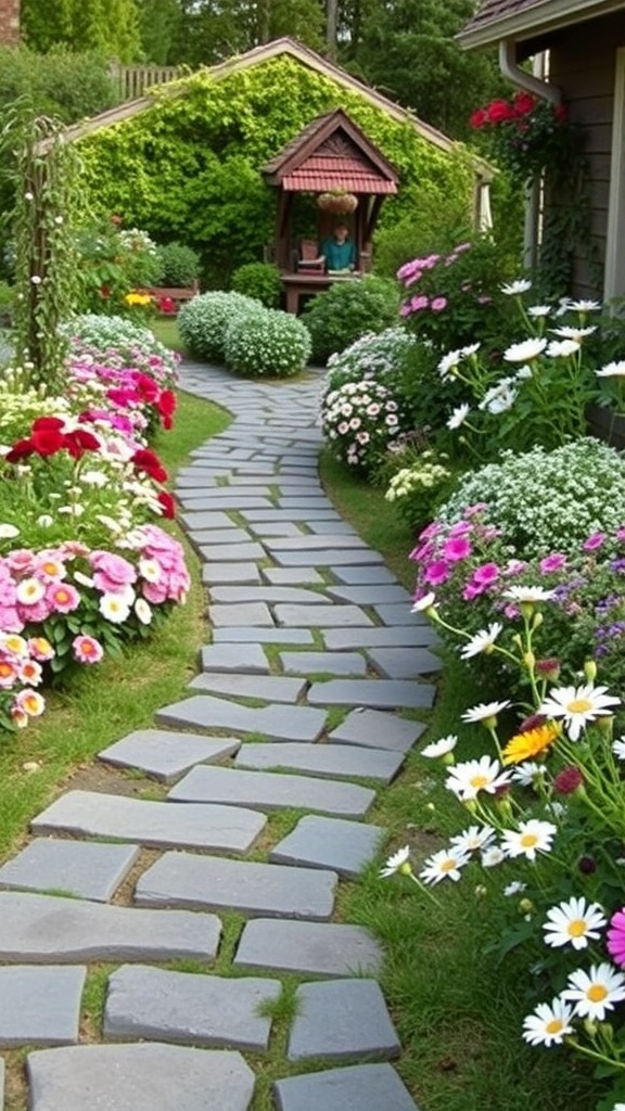 A winding stone pathway surrounded by colorful flowers in a cottage garden.