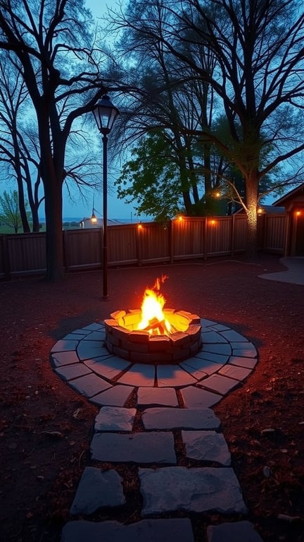 A rustic fire pit surrounded by a stone pathway, illuminated by soft evening light.