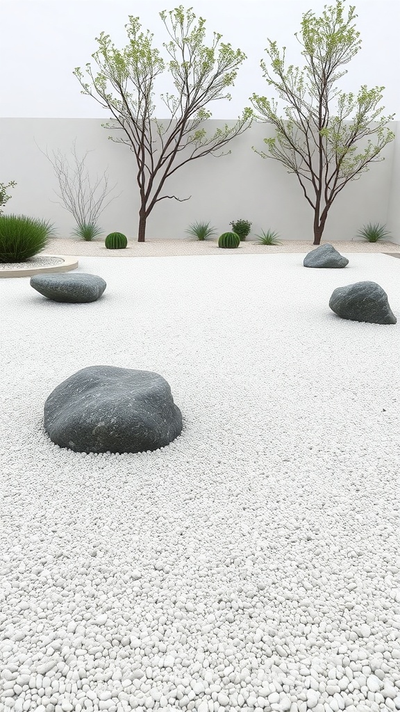 A serene Zen garden featuring white gravel, large gray rocks, and sparse greenery.