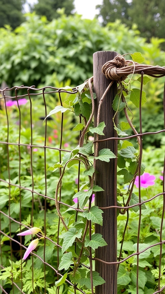 A rustic wire fence with climbing vines and colorful flowers in a garden.