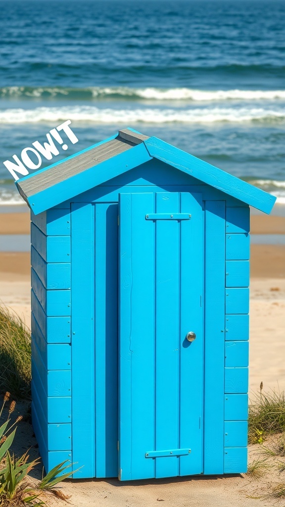 A bright blue garden shed on a beach with waves in the background