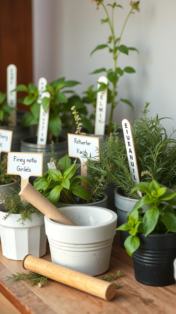 A variety of labeled medicinal herbs in containers with a mortar and pestle.