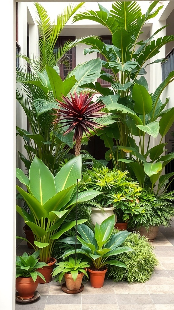 A tropical courtyard garden filled with various plants, including large green leaves and a striking red plant, creating a lush and inviting atmosphere.