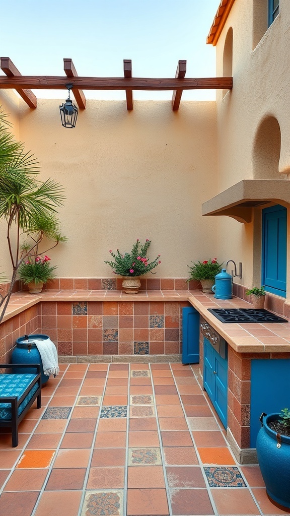 A cozy Mediterranean outdoor kitchen with terracotta tiles, blue accents, and lush plants.
