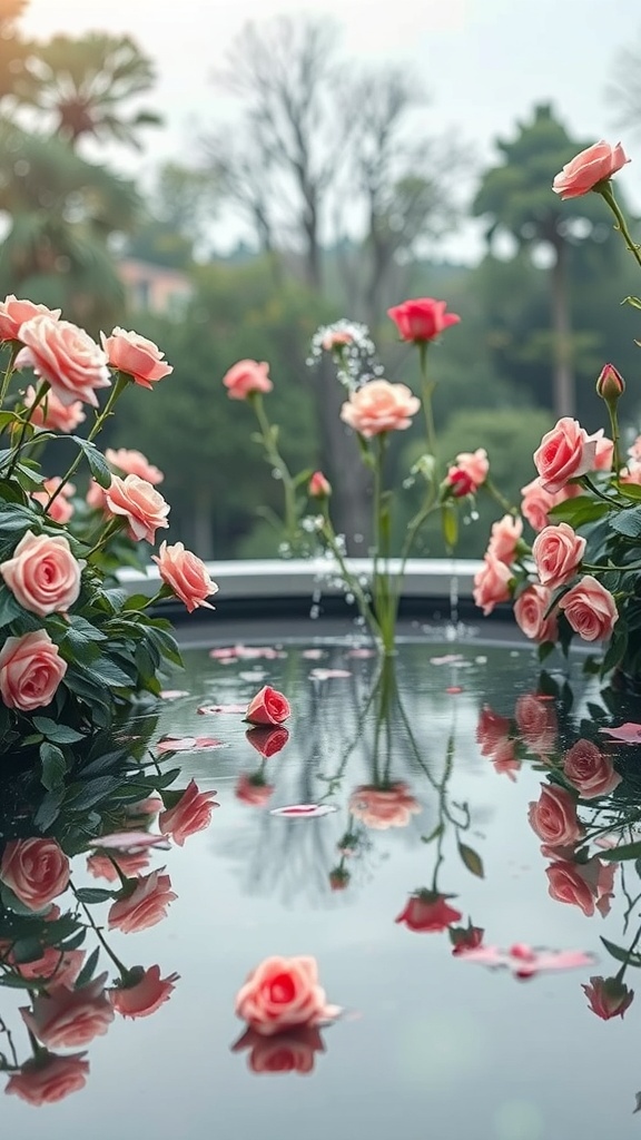 A tranquil pond surrounded by blooming roses, with petals floating on the water's surface.
