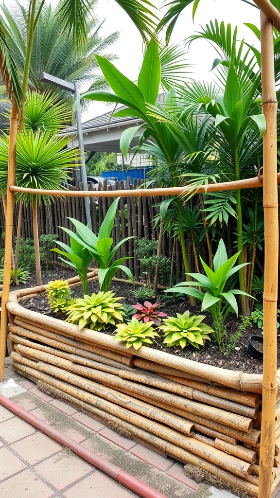 A bamboo raised bed frame filled with various plants surrounded by greenery.