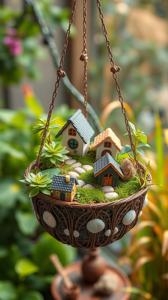 A hanging basket featuring miniature houses, stones, and greenery, resembling a whimsical fairy garden.