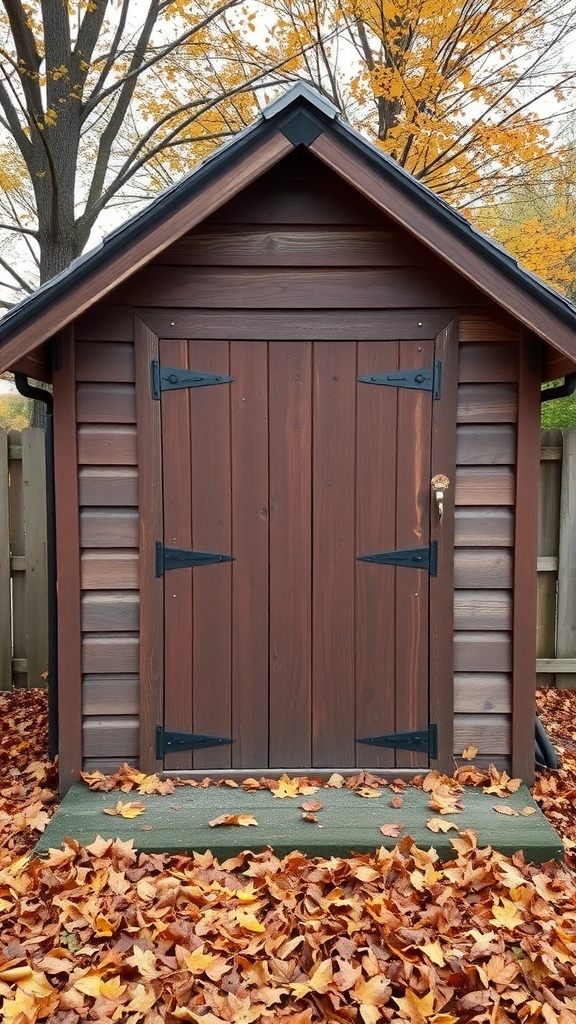 A rustic brown garden shed surrounded by autumn leaves.