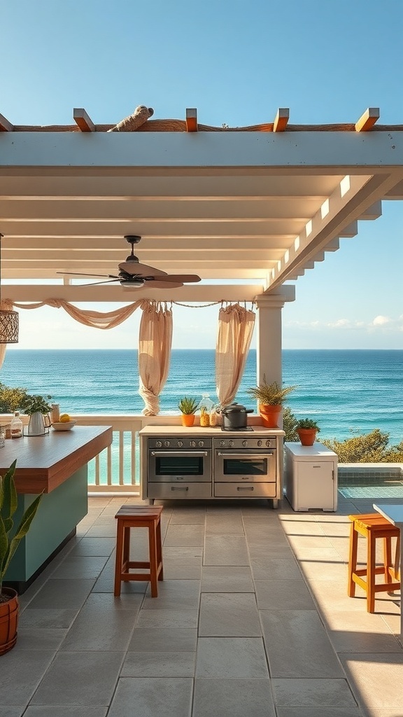 Outdoor kitchen with ocean views featuring stainless steel appliances, wooden accents, and comfortable seating.