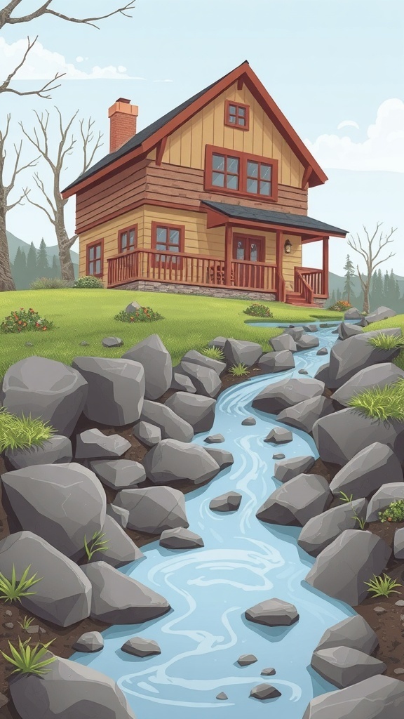 A house surrounded by a rock bed and a flowing stream