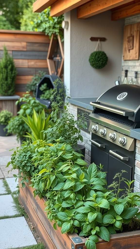 A BBQ area featuring a grill next to a lush herb garden in a raised planter.