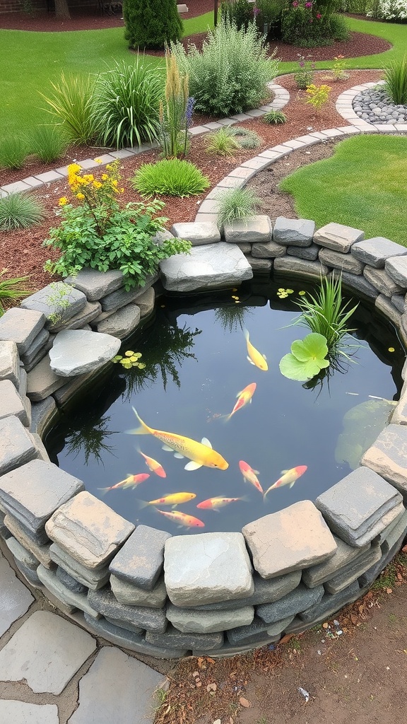 A raised pond with koi fish surrounded by greenery and flowers