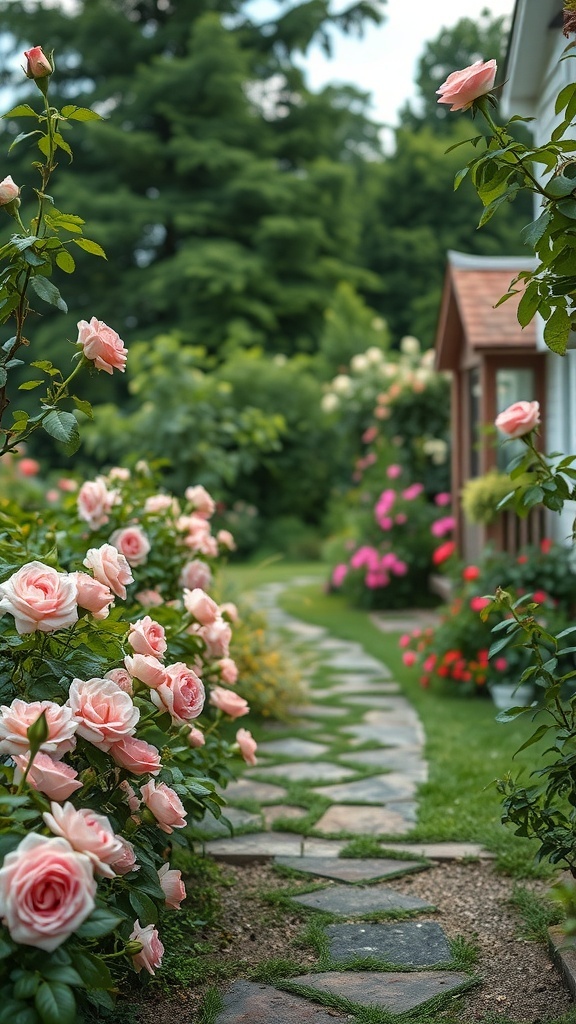 A charming garden path lined with pink roses leading to a cottage.