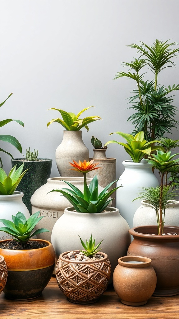 A variety of decorative pots and planters for an indoor water garden.
