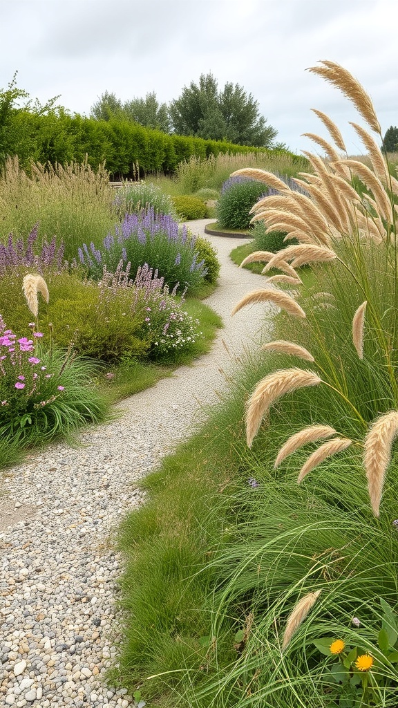 A winding gravel pathway through a colorful garden filled with flowers and tall grasses.