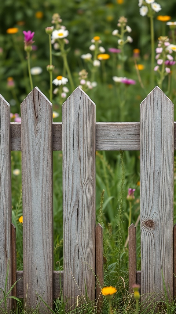 A vintage farmhouse wooden fence with pointed tops, surrounded by colorful flowers in a garden.